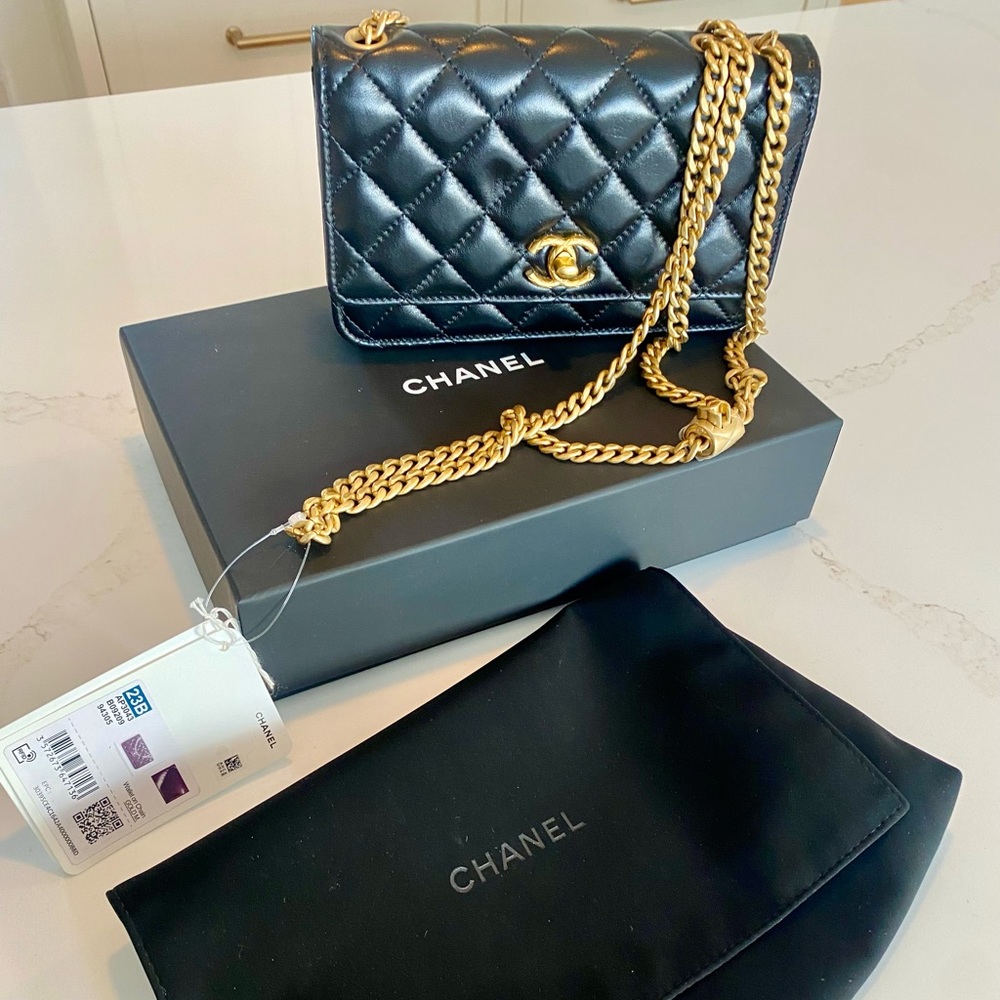 Authentic Chanel black lamb skin mini purse